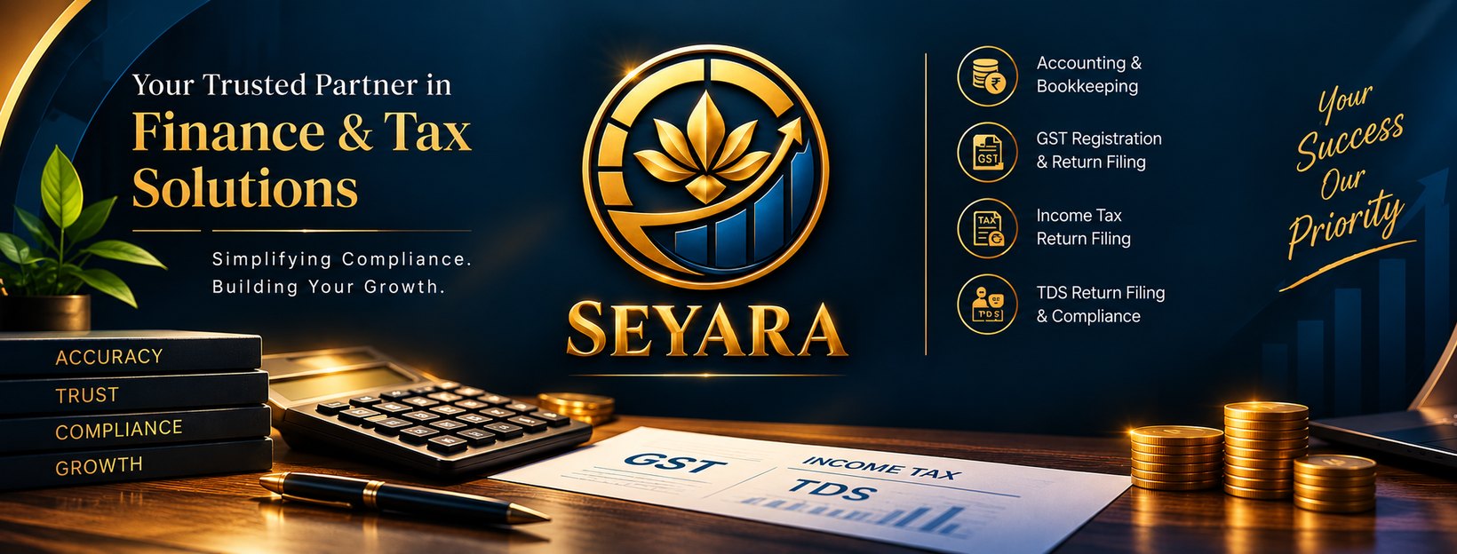 SEYARA brand artwork: gold lotus emblem, calculator, coins and the words Accuracy, Trust, Compliance, Growth